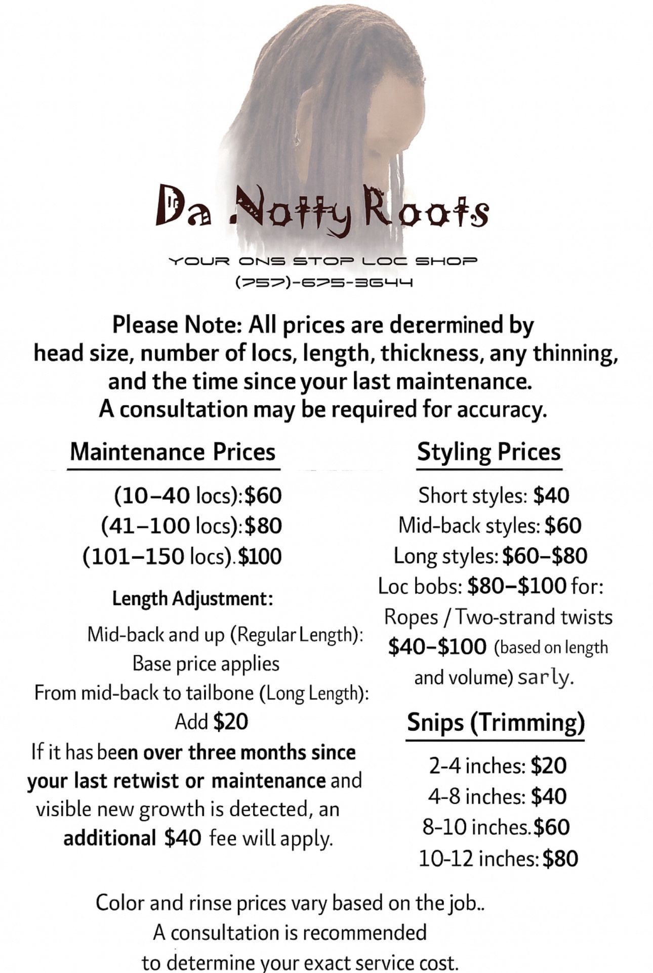 Advertisement for Da Notty Roots loc services, listing prices for maintenance, styling, and snipping.