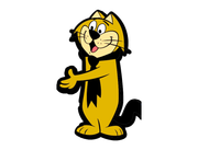 Gato amarillo de dibujos animados con pajarita negra, brazos abiertos y expresión amigable.