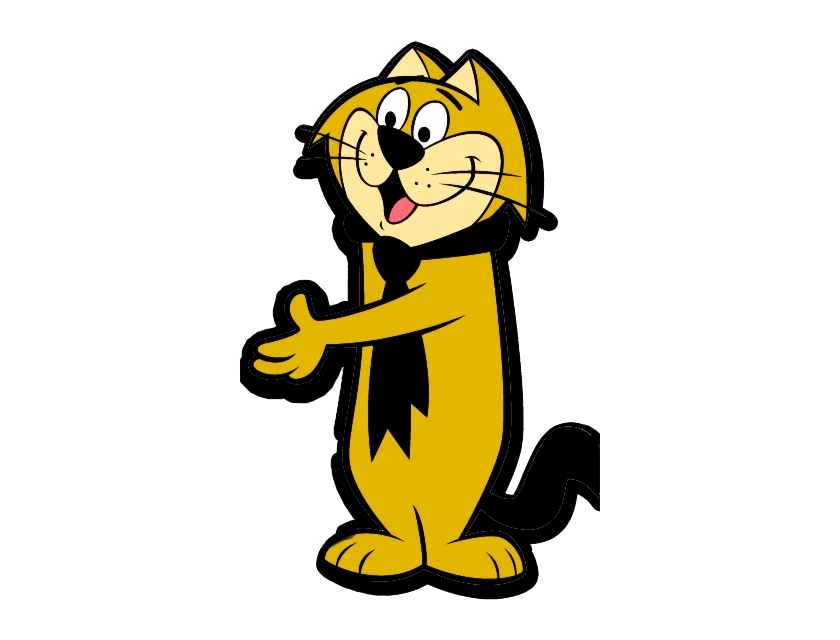 Gato amarillo de dibujos animados con pajarita negra, brazos abiertos y expresión amigable.