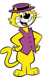 Gato amarillo de dibujos animados con chaleco y sombrero morados, sonriendo con las manos en las caderas.