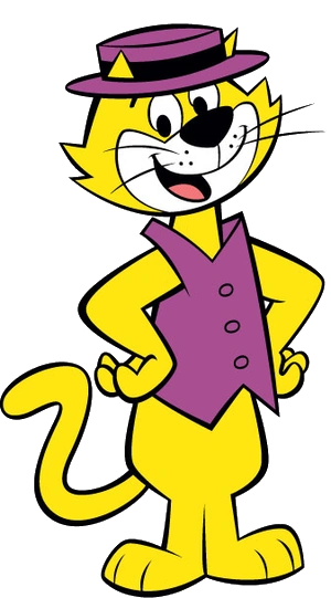 Gato amarillo de dibujos animados con chaleco y sombrero morados, sonriendo con las manos en las caderas.
