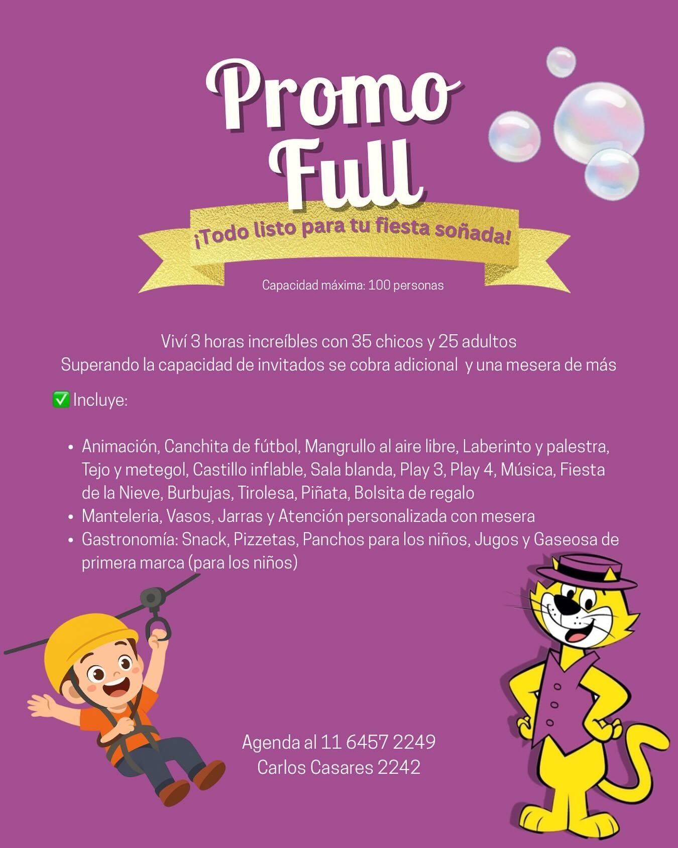 Folleto morado para la promoción de una fiesta, con personajes de dibujos animados y detalles del evento.