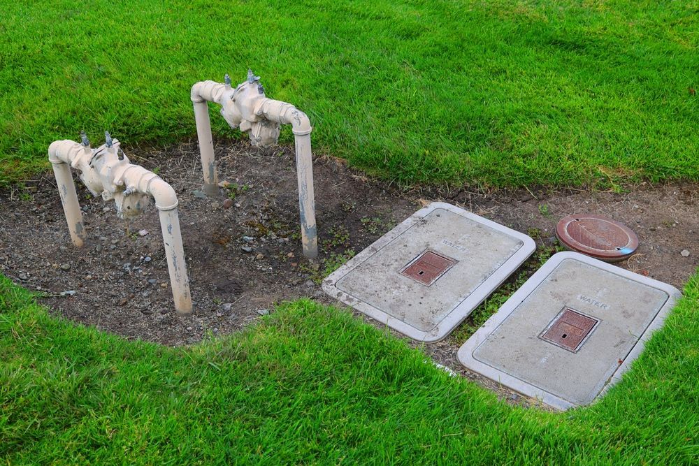 Pipes With Valves and Access Covers in Green Grass — Mackay Plumbing and Maintenance in North Mackay, QLD