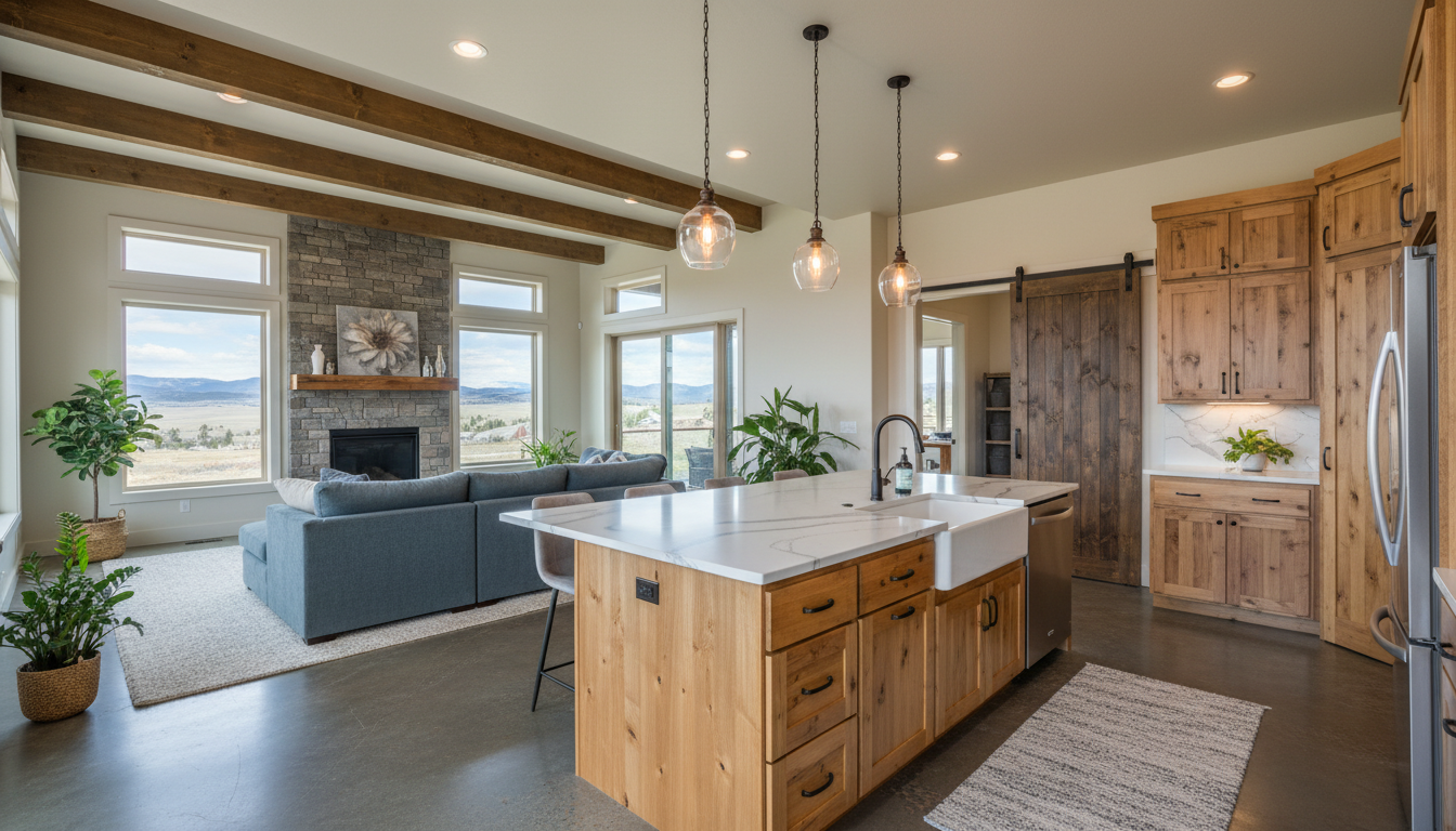 Open-concept kitchen and living room with stone fireplace, wood beams, and island, showcasing a modern rustic design.
