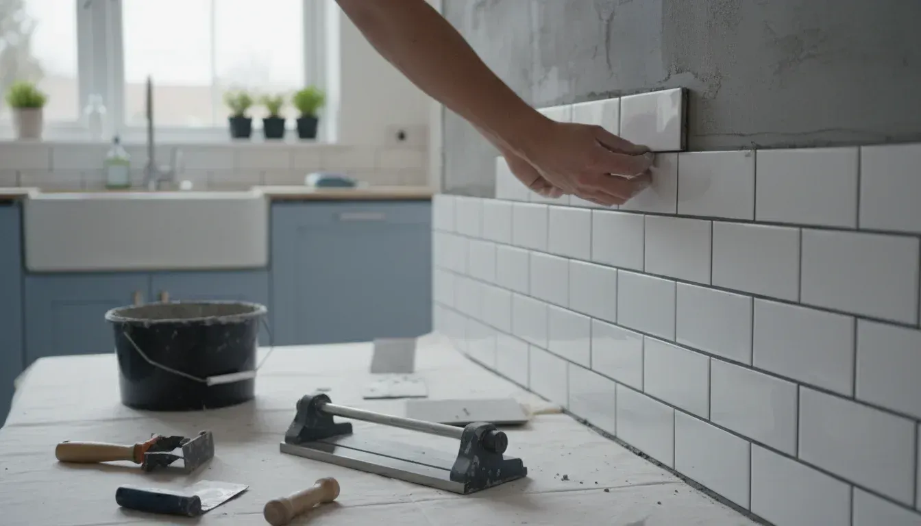 Person installing white subway tiles in a kitchen renovation, with tools on the counter.