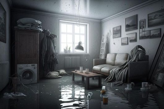 a flooded living room with a couch , coffee table , washer and dryer .