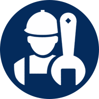 a man wearing a hard hat and holding a wrench in a blue circle .
