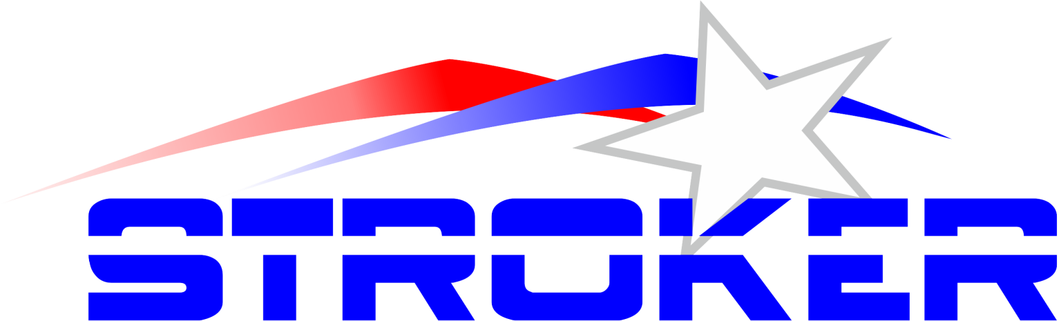 Logotipo de Stroker con diseño azul, rojo y blanco.