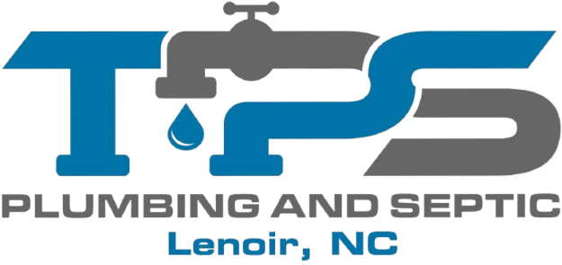 Logo of "TPS Plumbing and Septic" with faucet graphic. Blue and gray colors. Lenoir, NC location.