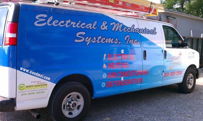A blue and white van for electrical and mechanical systems inc.