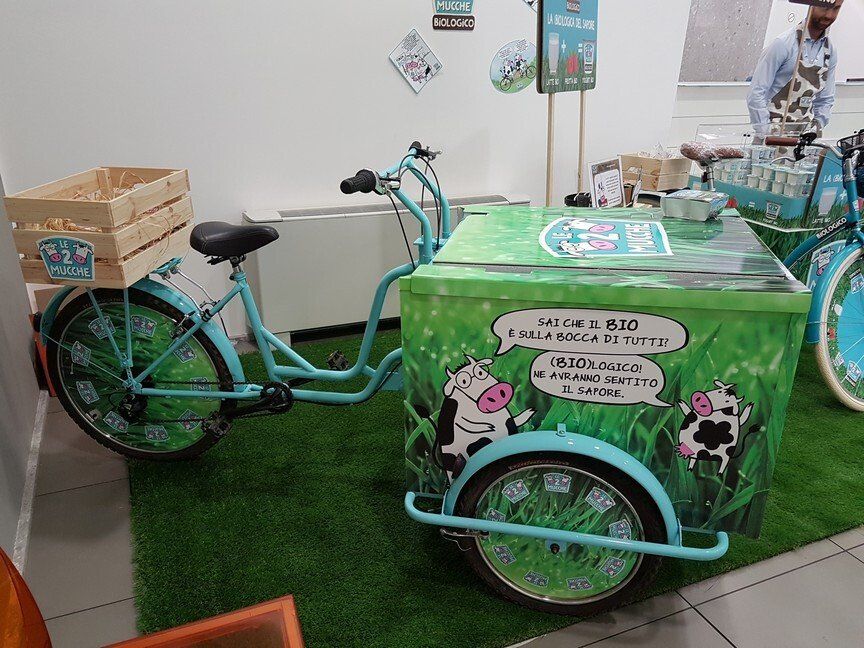 triciclo cargo bike pubblicitaria promozione prodotti bio per fiere eventi expo