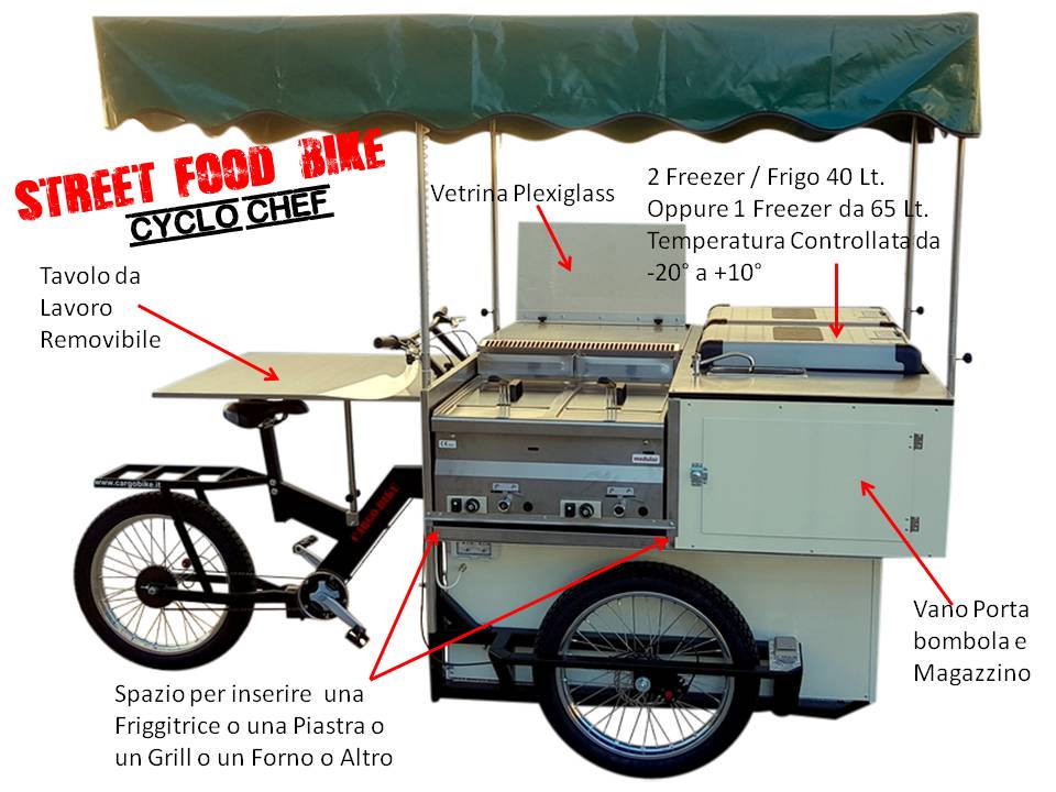 Cucina mobile itinerante su Triciclo Cargo bike per friggitoria paninoteca