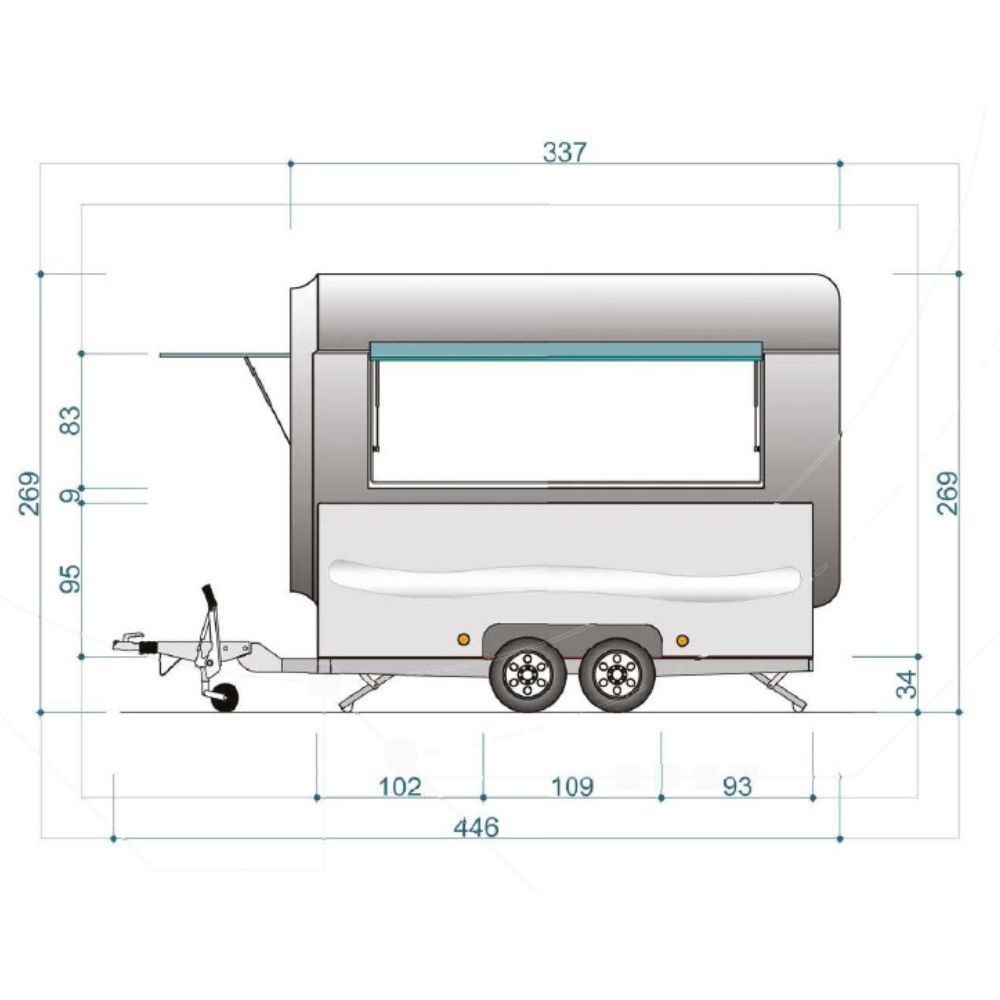 MISURE Chiosco Dynamic rimorchiabile in Vetroresina per street food ambulante itinerante, hamburgher, hamburgheria, piadine, caffè, bar, cocktail, aperitivi, dolci, piadine, crepes, churros, patatine, caffè, caffeteria, Cioccolata, dolciumi, pizza, arancini, puccia, panini, paninoteca, panineria, snack, food truck, fuel, 