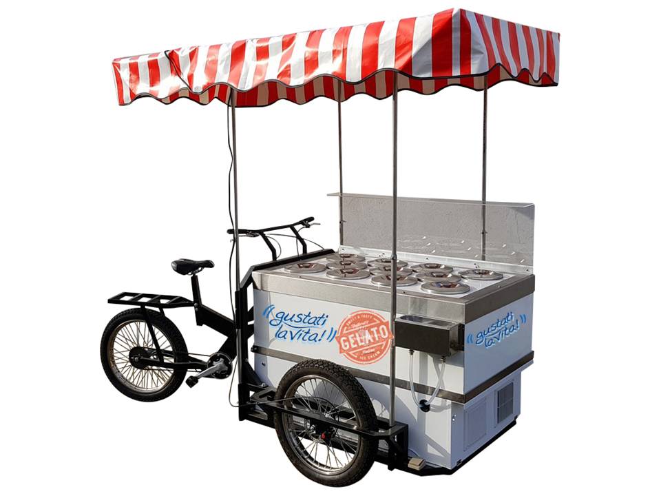 carretto gelati su cargo bike triciclo vetrina gelateria mobile ambulante a batteria lunga autonomia omar