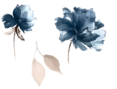 Illustration of two blue flowers and stem with beige colored leaves