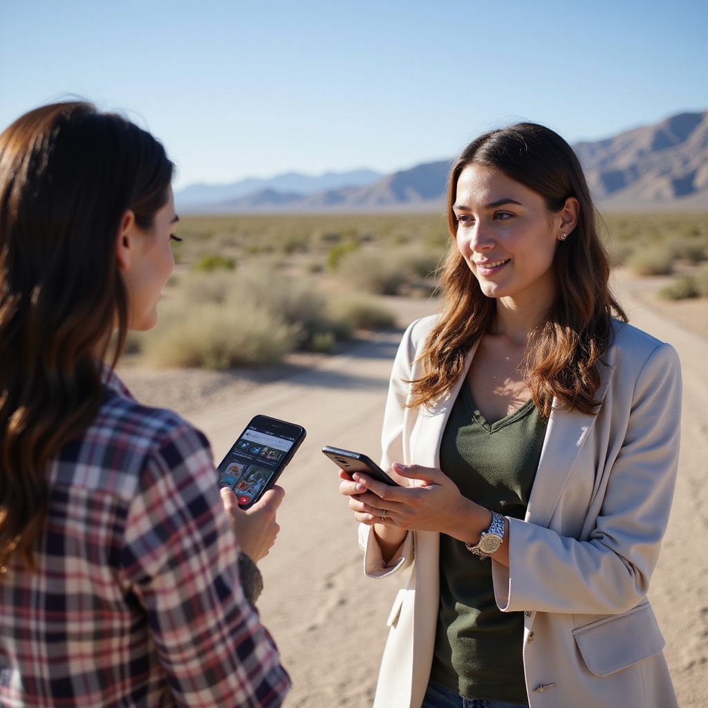 Two women with phones on a desert road, one in plaid, the other smiling in a blazer.