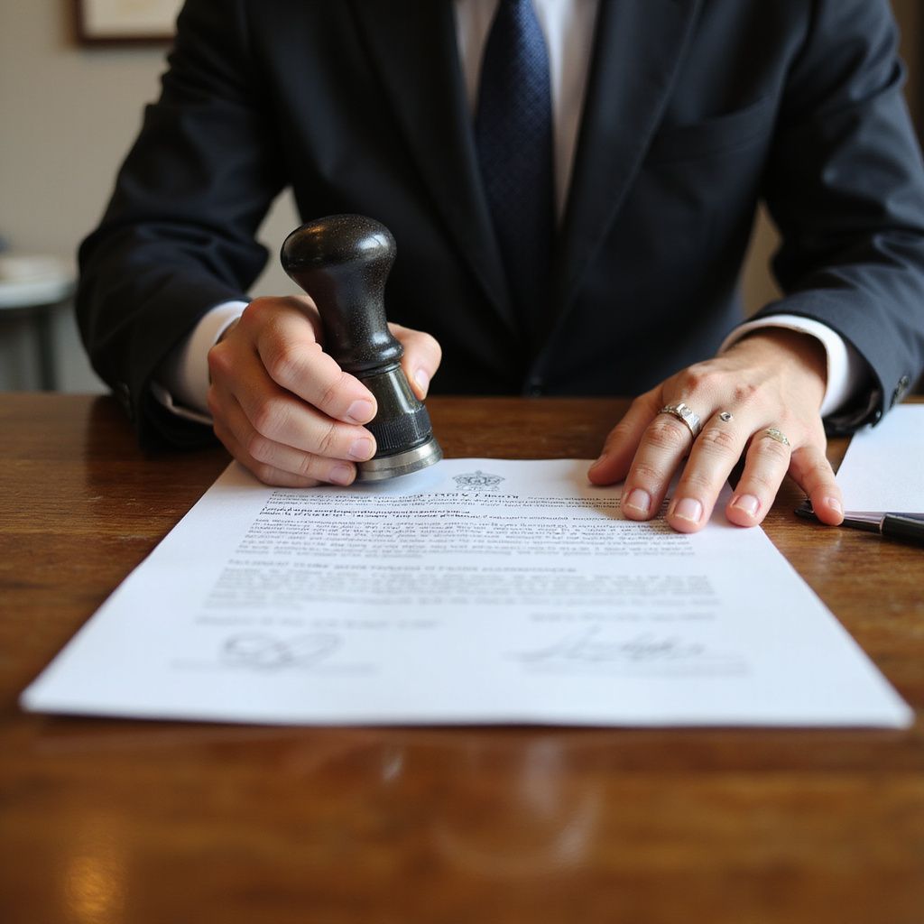 Person in suit stamping a document on a wooden table. Focus on hands holding stamp.