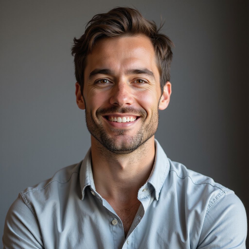 Man with dark hair and stubble smiles at the camera. He wears a light blue button-down shirt against a gray backdrop.