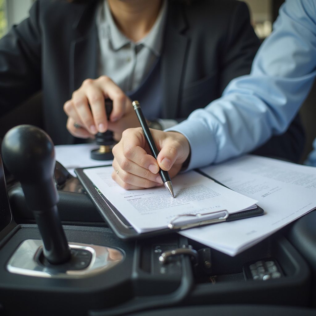 Person signing document, another stamping it, in a car, near a gear shift.
