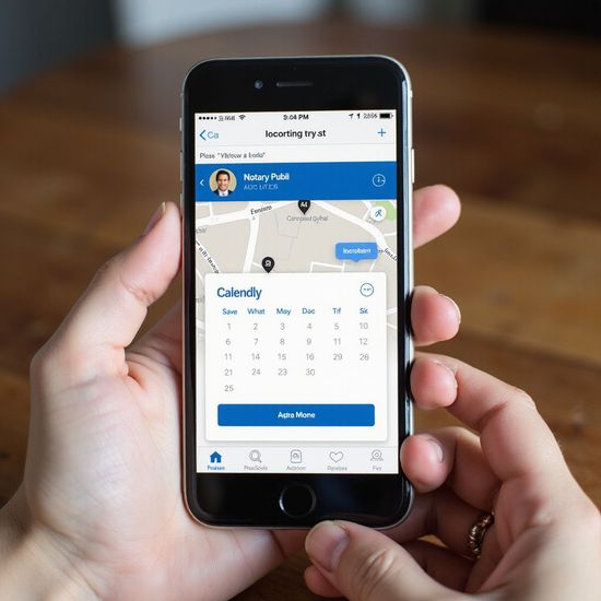 A person holding a smartphone displaying a calendar app. The app shows a calendar with blue accents.