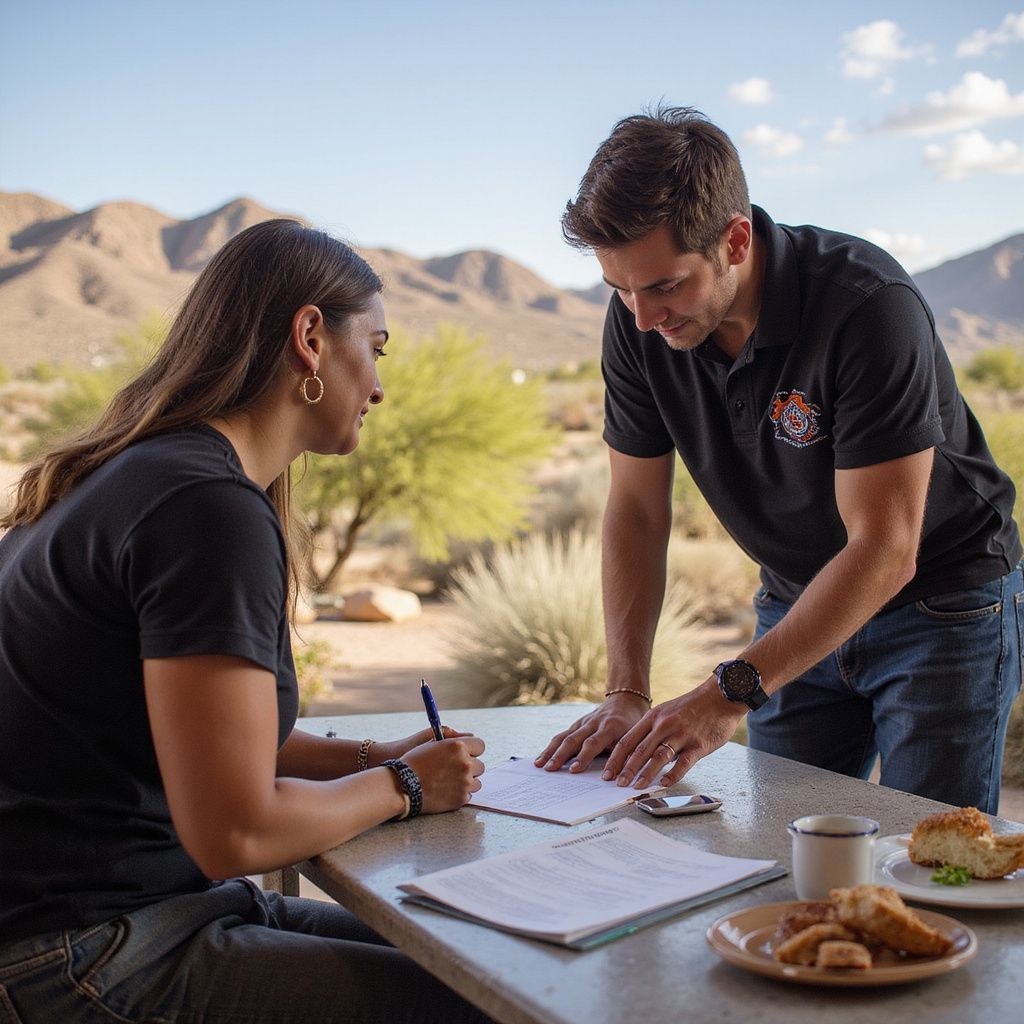 Woman signs papers at a table with a man, outdoors. Mountains in the background, food on the table.