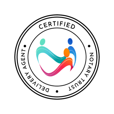 Certified Notary Trust Delivery Agent seal with family graphic.