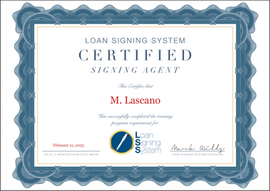 Certificate for M. Lascano, certified loan signing agent from the Loan Signing System.