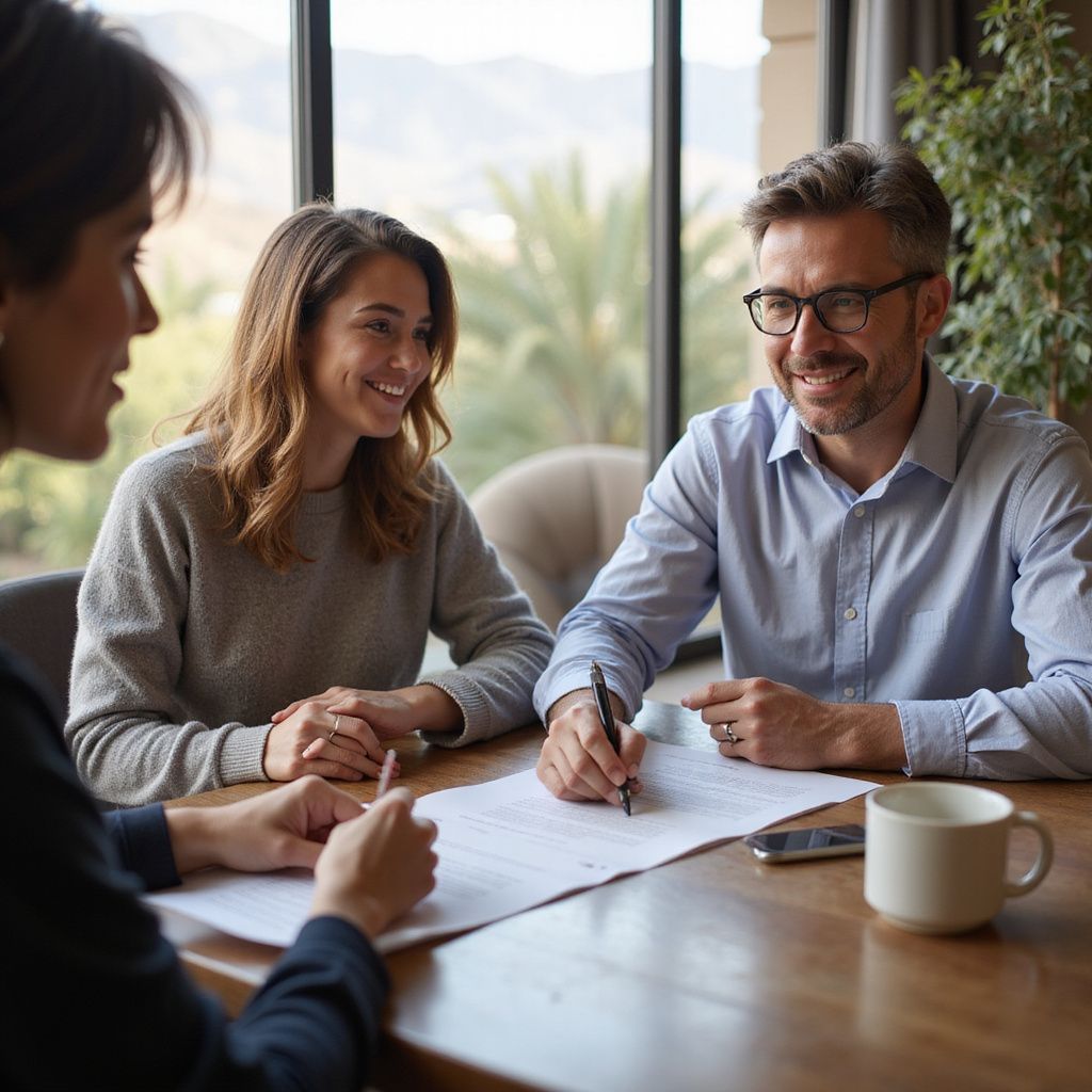 A couple smiles while signing a document at a table with a professional.
