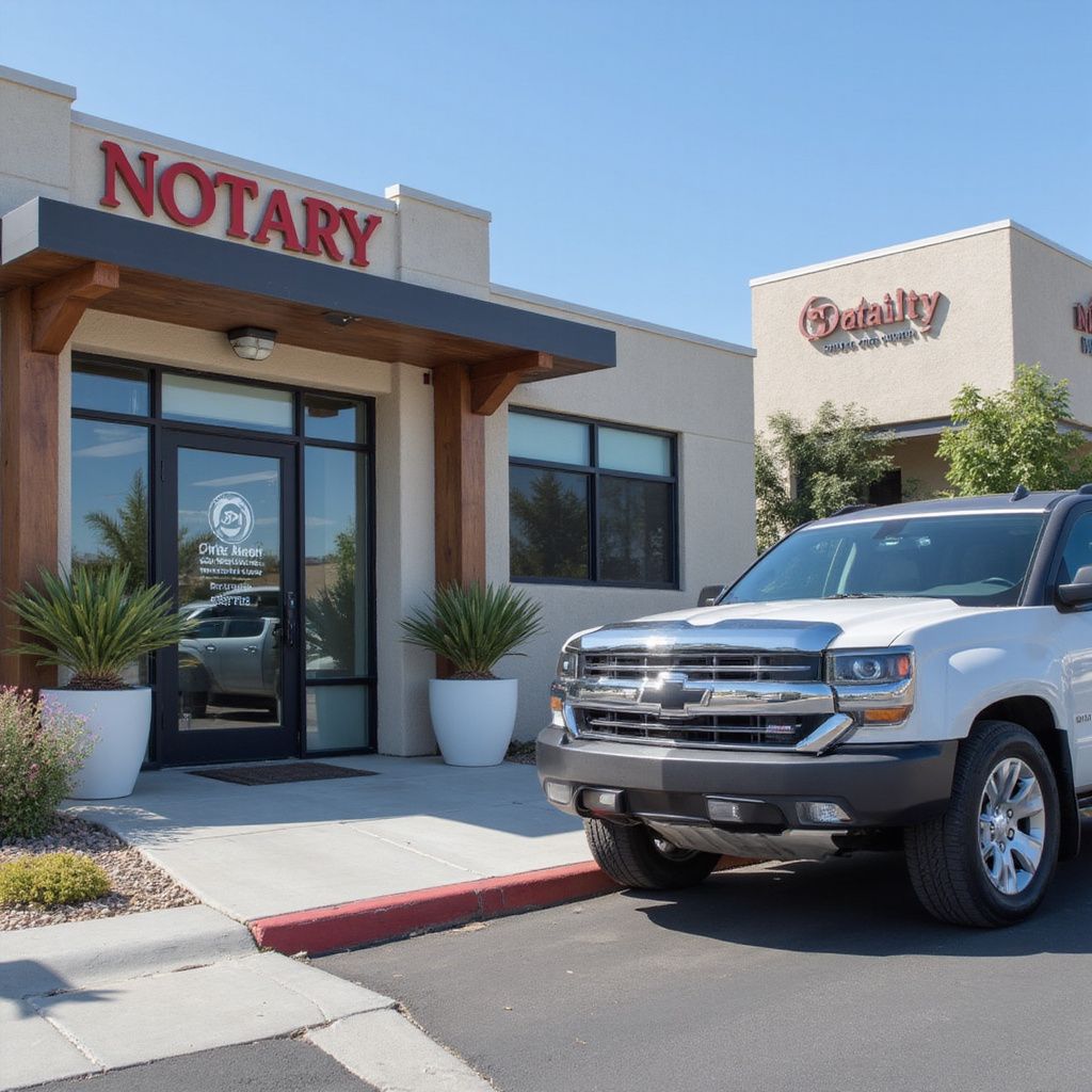 White pickup truck parked in front of a building labeled