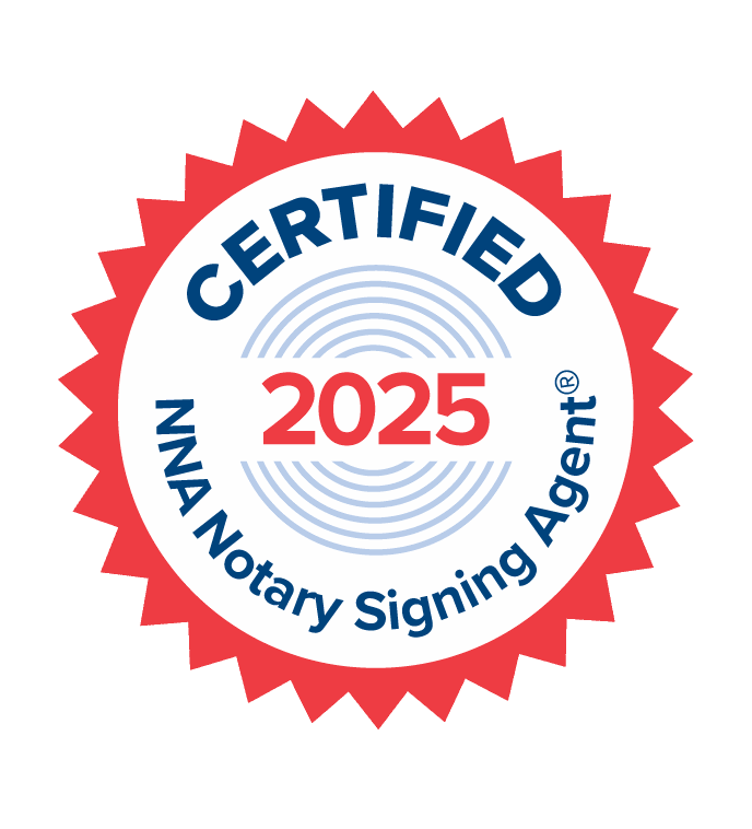 Red and white seal: Certified NNA Notary Signing Agent, valid until 2025.