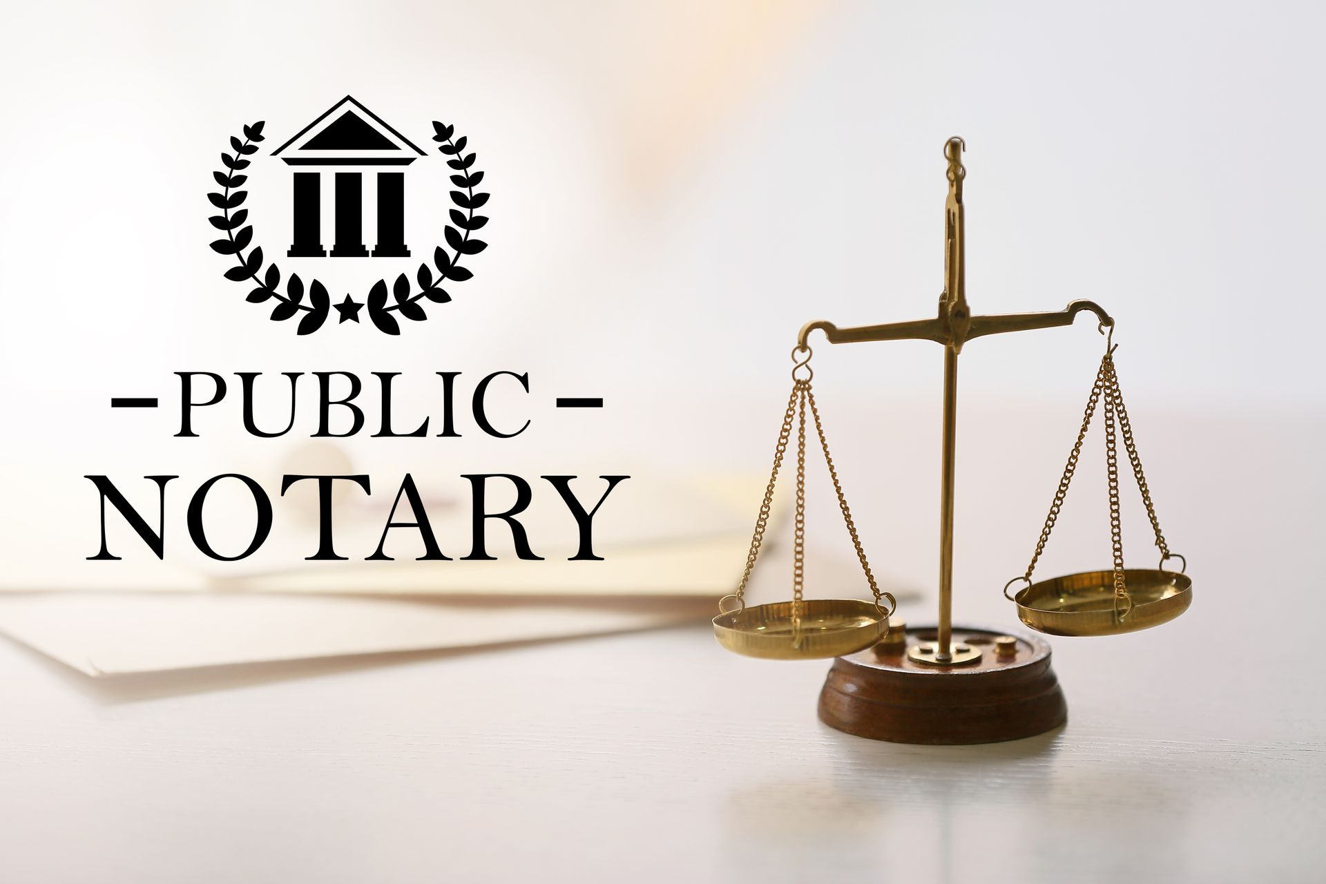 Logo of public notary with scales and document, set on a desk.