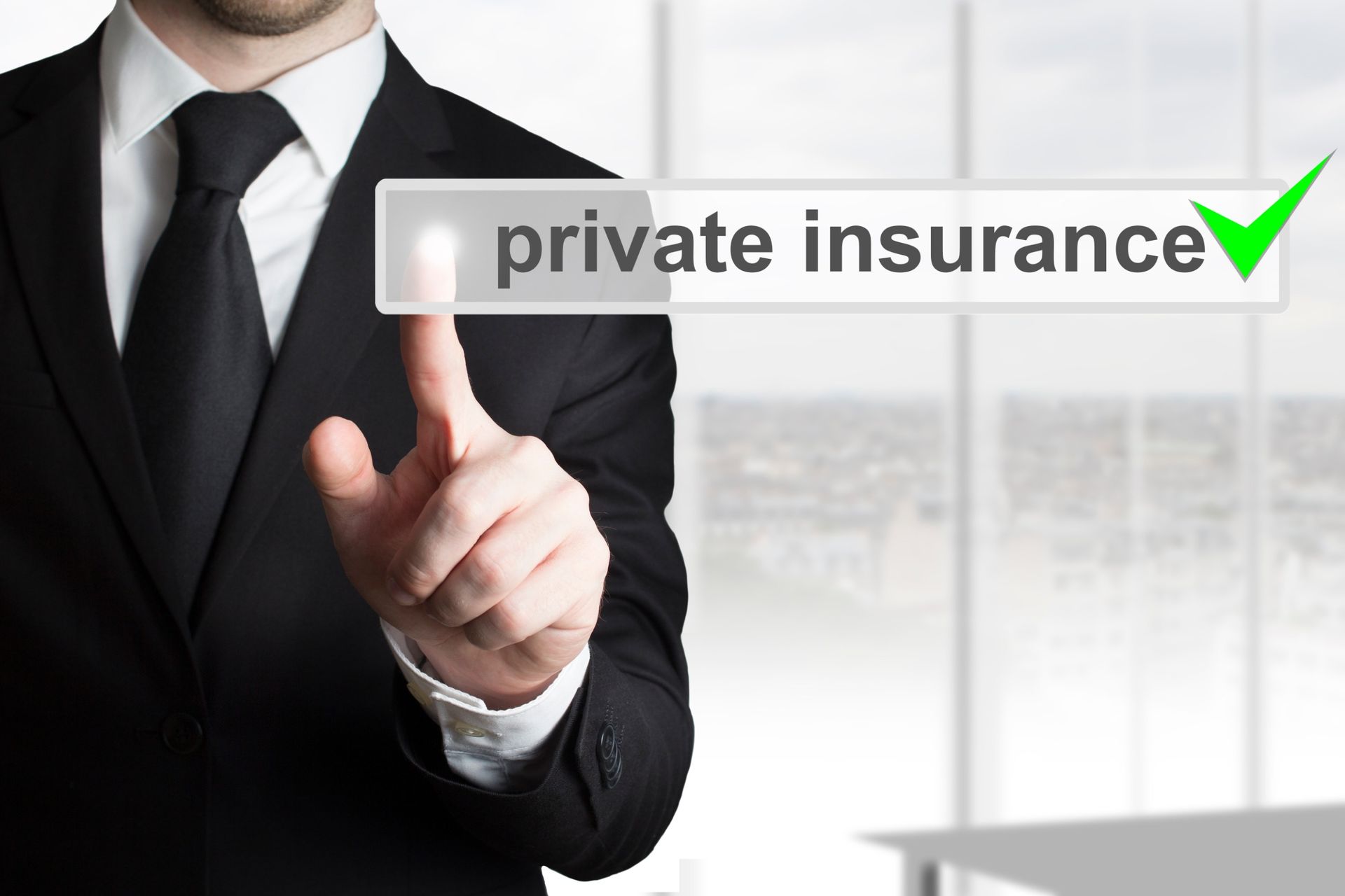 a man in a suit and tie is pressing a button that says private insurance