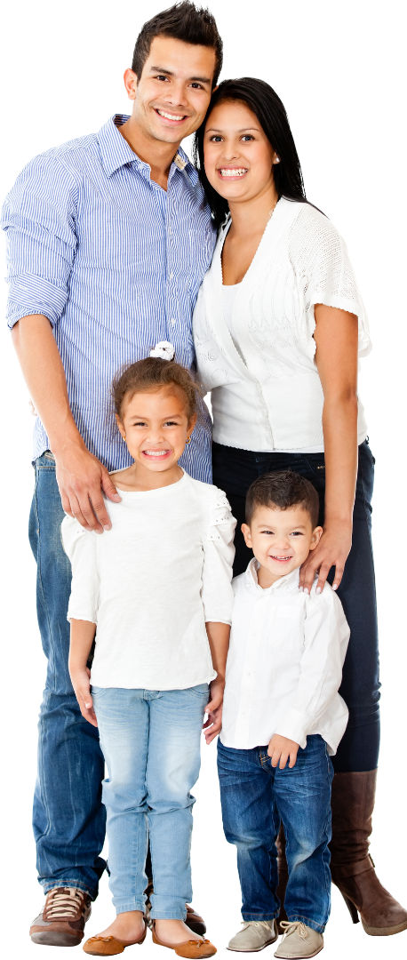 a family is posing for a picture together on a white background .