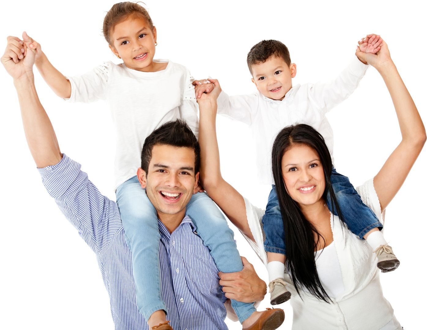 a family is posing for a picture with their hands in the air .