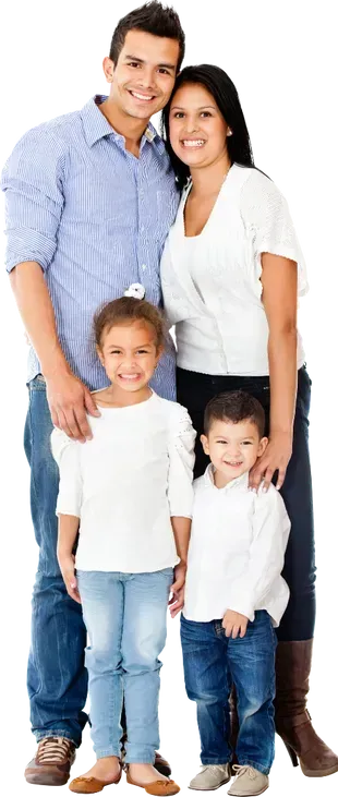 a family is posing for a picture together on a white background .