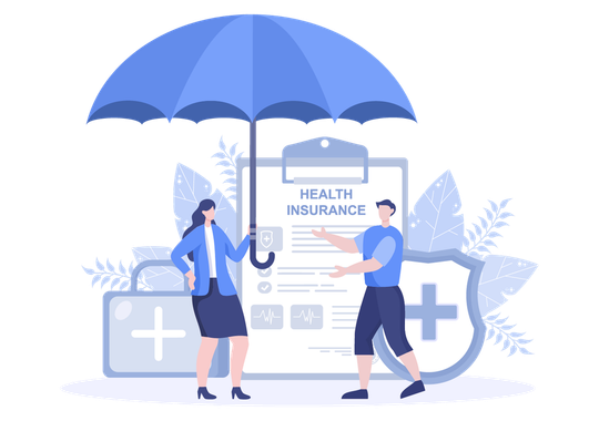 a man and a woman are holding an umbrella over a health insurance document .