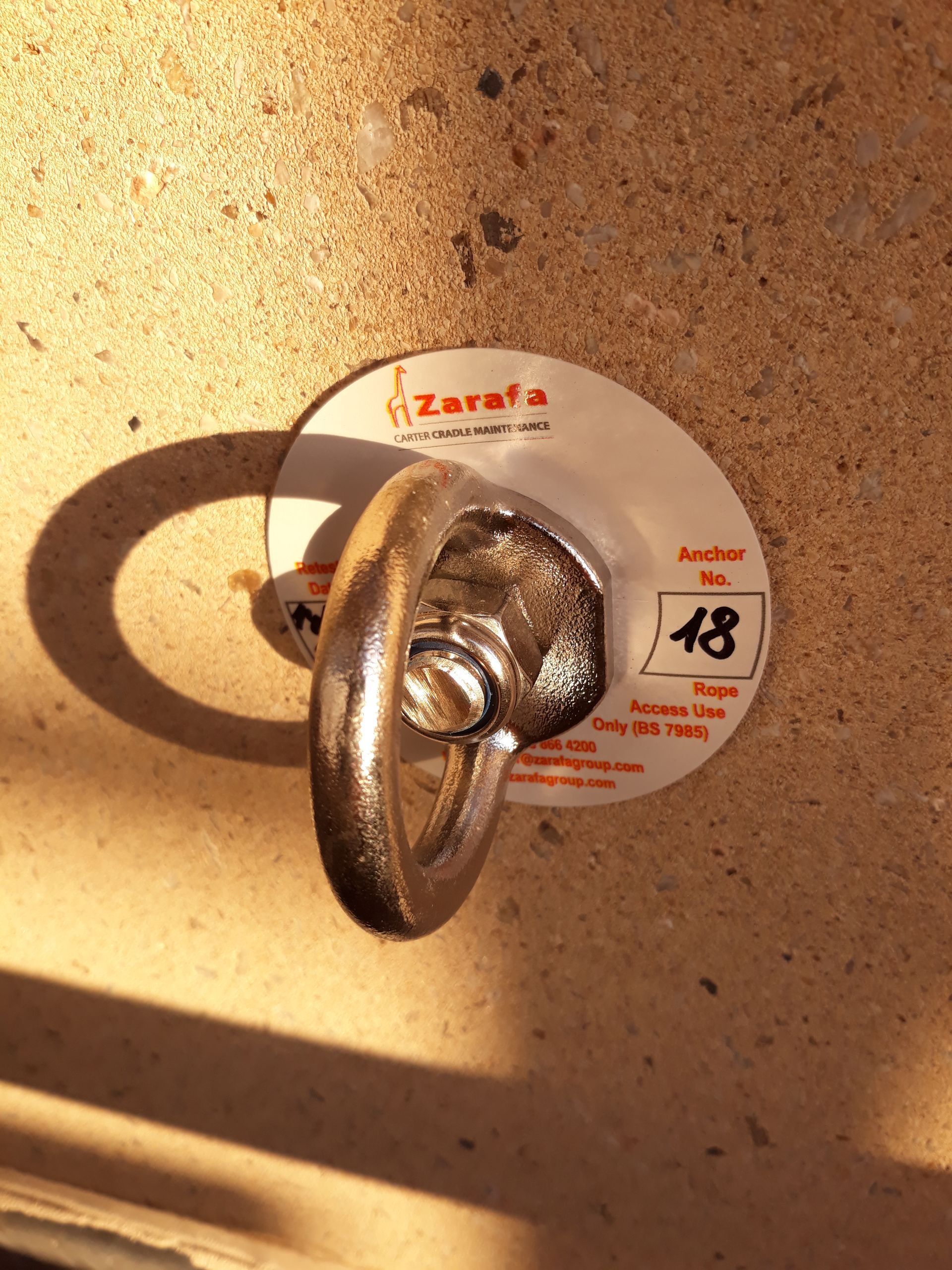Eyebolt for roper access and fall protection on a wind turbine
