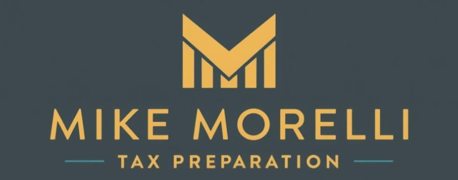 Logo for Mike Morelli Tax Preparation: Gold emblem over gold text on a dark teal background.