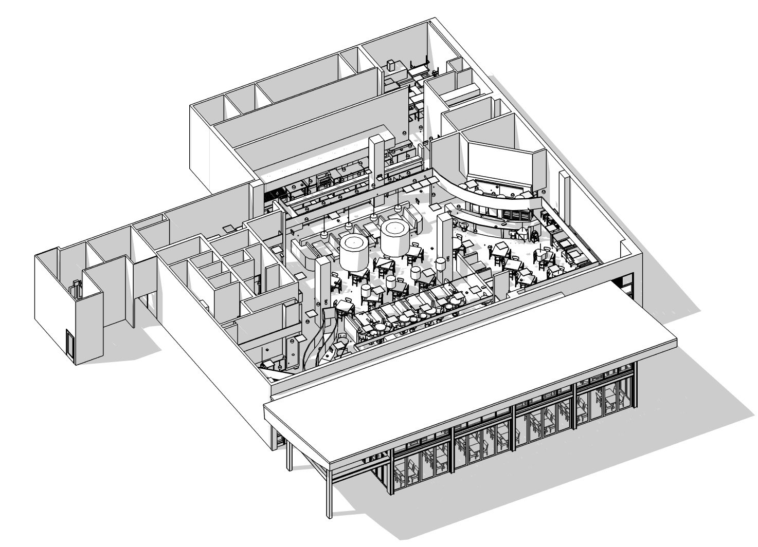 A black and white drawing of a large building