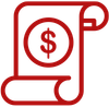 A red icon of a scroll with a dollar sign on it.