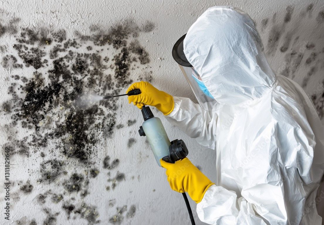 Worker in white protective suit spraying mold on a wall with a chemical sprayer.