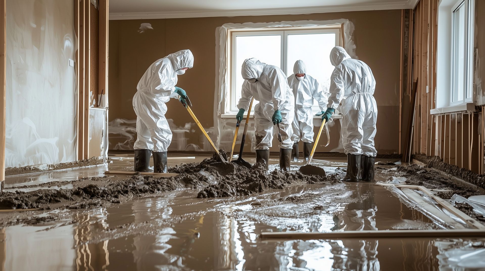 Workers in white protective suits shoveling mud from a flooded room with a large window.