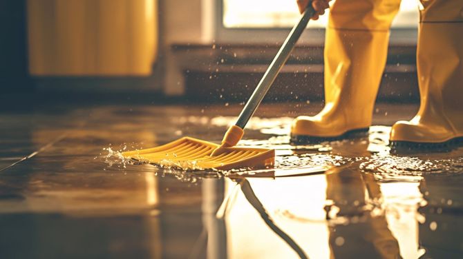 Yellow broom sweeping water on a wet floor near boots in warm indoor light