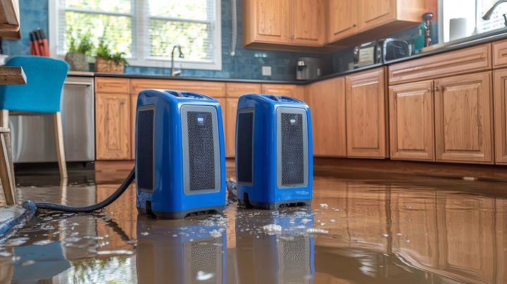 Two blue portable dehumidifiers on a flooded kitchen floor with water reflecting cabinets and windows