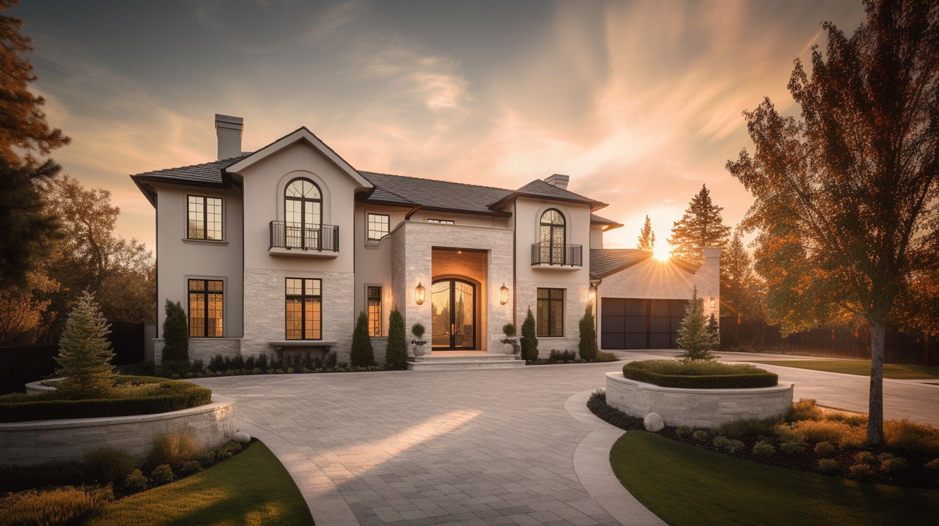 Luxury mansion exterior, driveway leading to the front doors, setting sun in background.