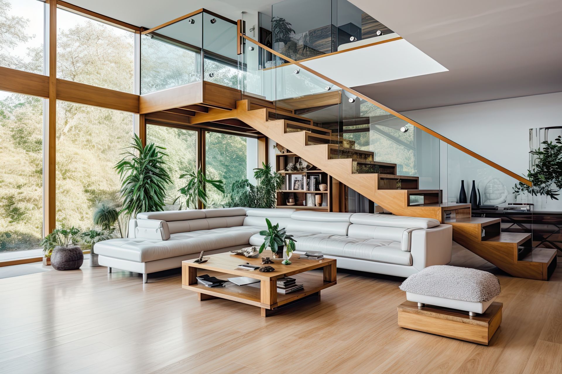 Modern living room with light-colored sofa, wooden staircase, and large windows overlooking trees.