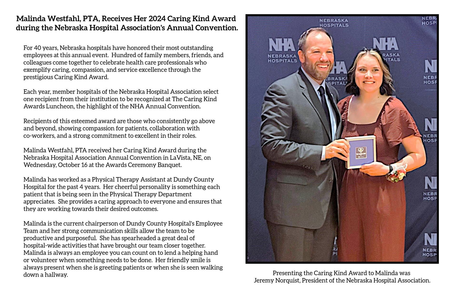 2024 Caring Kind Award Malinda Westfalhl, PTA