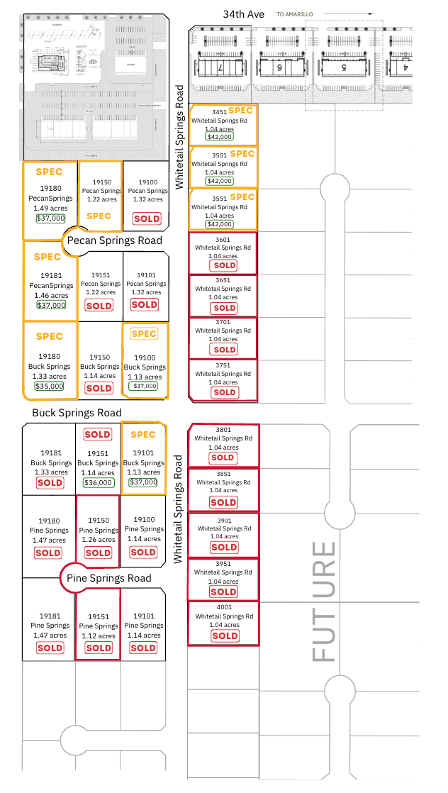 A map of a residential area with lots of buildings and lots of parking spaces.