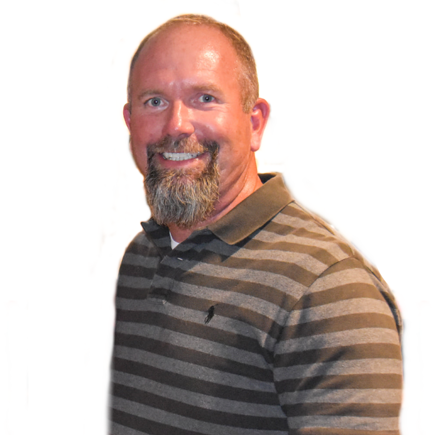 A man with a beard is wearing a striped shirt