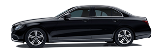 A black mercedes benz e class sedan is shown from the side on a white background.